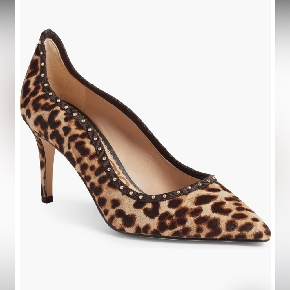 Sam Edelman Tiana Studded Calf Hair Shoes Leopard Print Women’s 8 Ribbon Detail